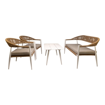Set mobilier pentru exterior Jonah, canapea 2 locuri, 2 fotolii si masuta, cadru din aluminiu alb, natur