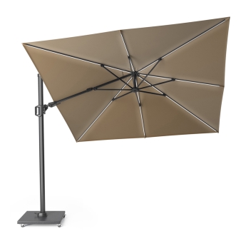 Umbrela de terasa Platinum Challenger T2 Glow cu LED, 300 x 300 cm, bej, suport granit Modena negru 90 kg inclus