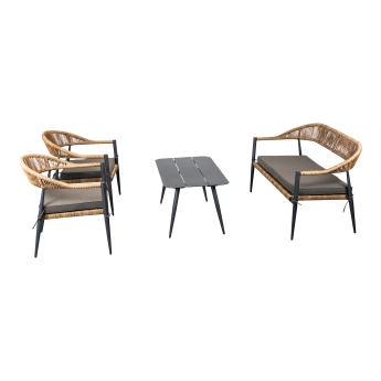 Set mobilier pentru exterior Jonah, canapea 2 locuri, 2 fotolii si masuta, cadru din aluminiu antracit, natur